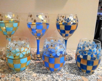 Hand Painted Wine Glasses, Water Goblets, Glassware, Iced Tea Glasses, Set of 6