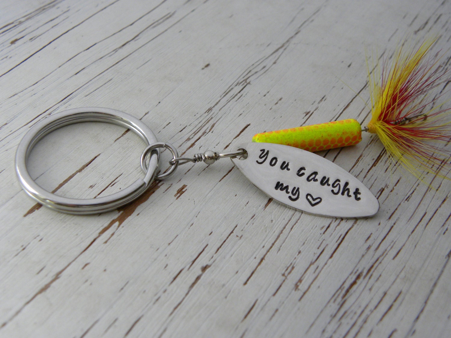 Fishing lure key chain You caught my heart hand stamped