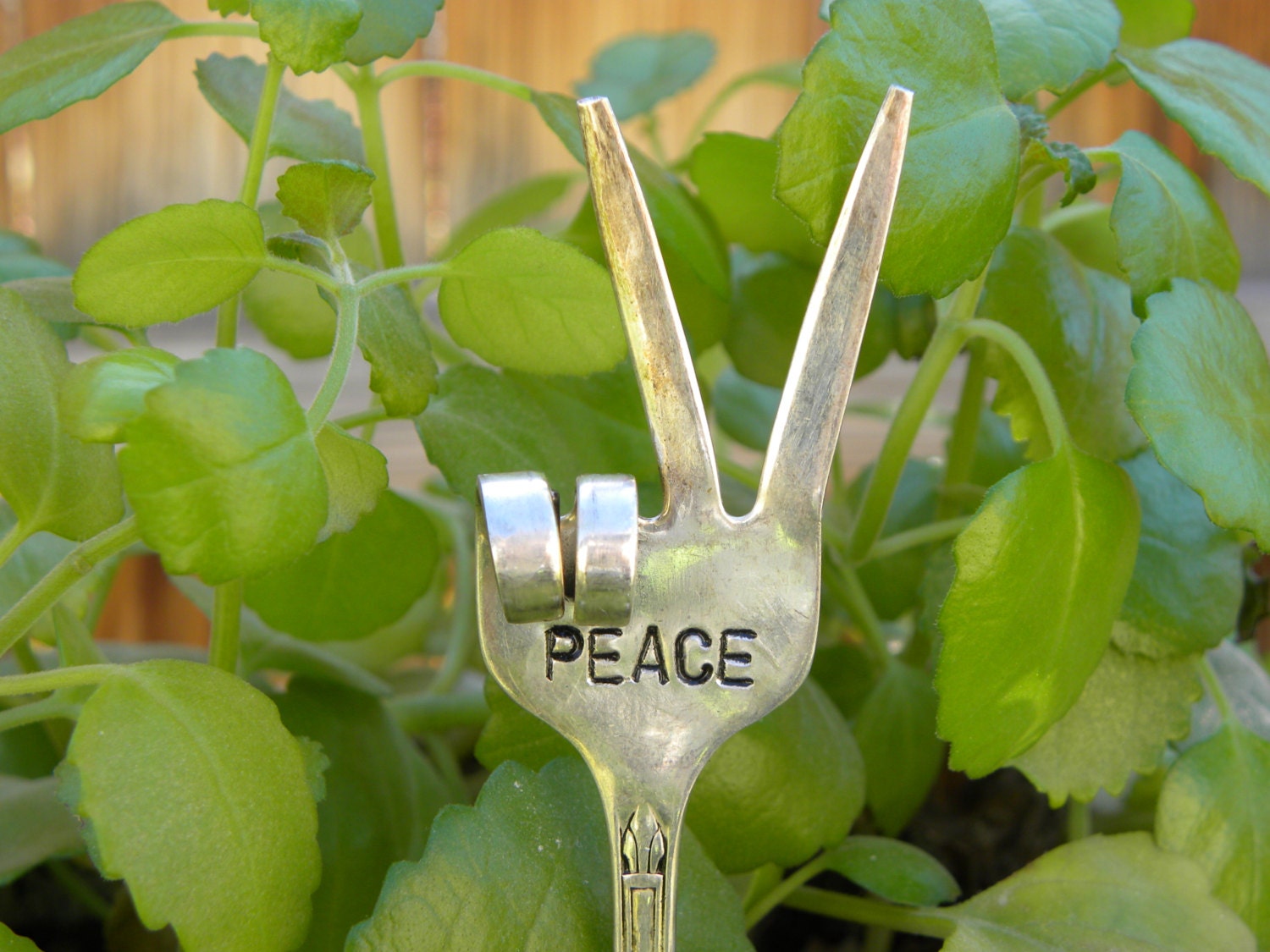 PEACE sign fingers fork garden marker hippie garden art