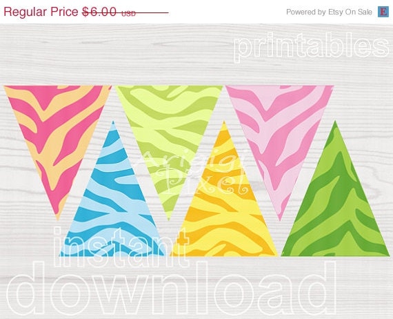Spring SALE 50 % OFF Printable Spring Colors Zebra Pennant Banner , Instant Download, Pink Green Blue Yellow, DIY birthday or spring holiday Il_570xn
