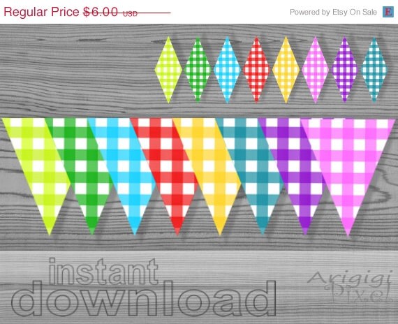 Spring SALE 50 % OFF gingham party flags, mini cake banner included, rainbow colors, party printables, instant download PDF files Il_570xn
