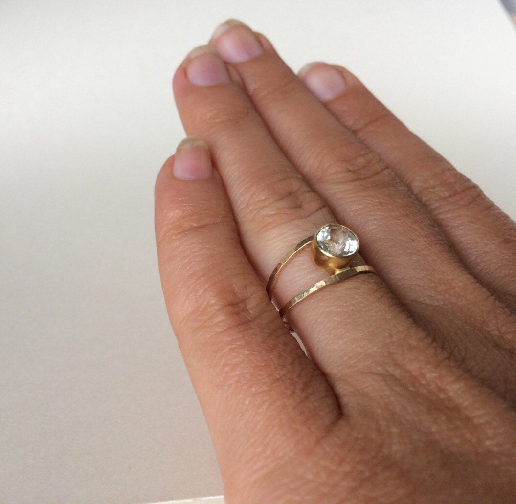 Hammered Gold Engagement Ring Rustic Gold White Topaz