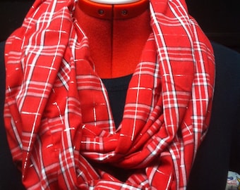 Red and White Plaid Cotton Infinity Scarf