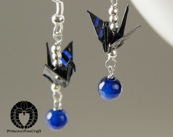 Origami jewelry, Origami crane earrings - Black crane and blue agate