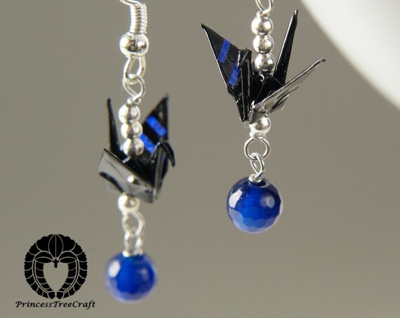 wings box origami with jewelry, Origami crane Black crane  Origami blue  agate earrings and