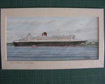 SALE - Cunard Queen Mary 2 QM2 Hythe Pier Southampton Water England Original Watercolour