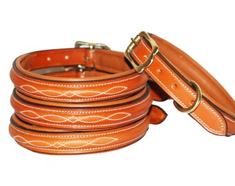 Half raised, fancy stitched leather dog collar made from high quality soft Norwegian leather with solid brass fittings, lined and padded