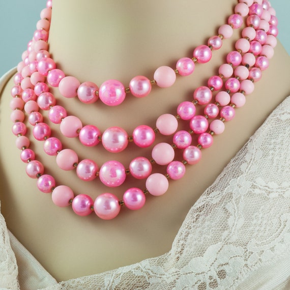 Pink Pearl Necklace Vintage Faux Pearls Multi Strand