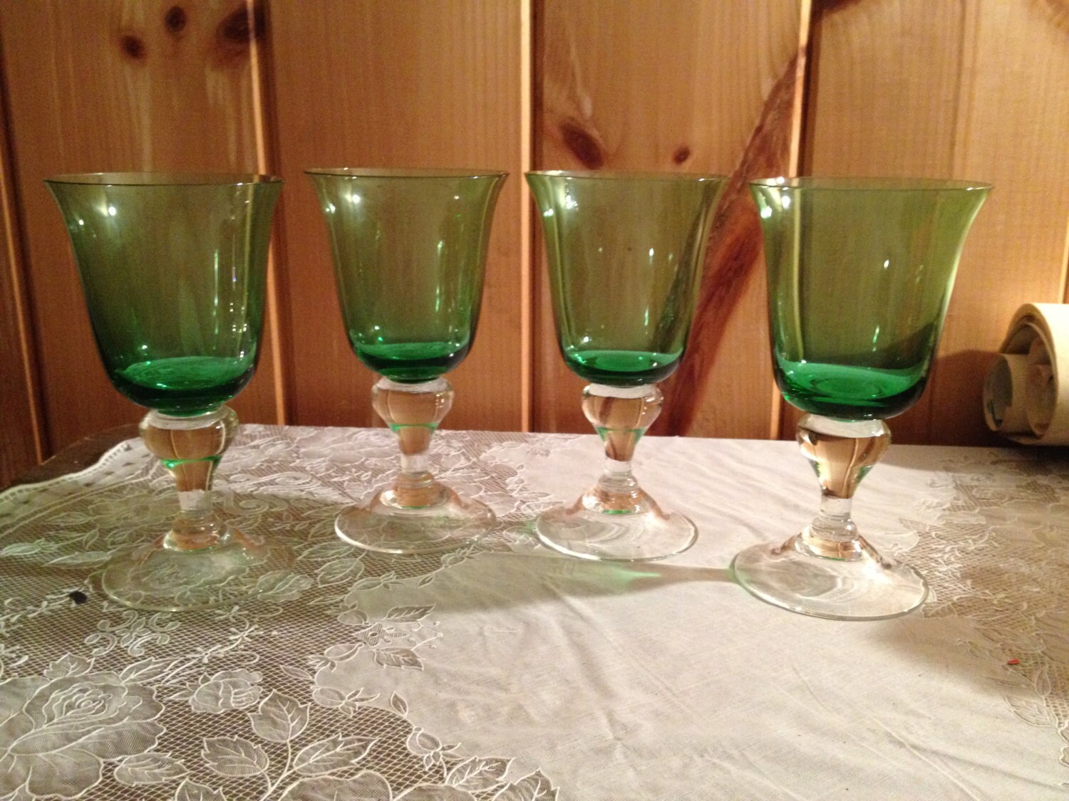 Set of 4 fine crystal water goblets green with clear stem