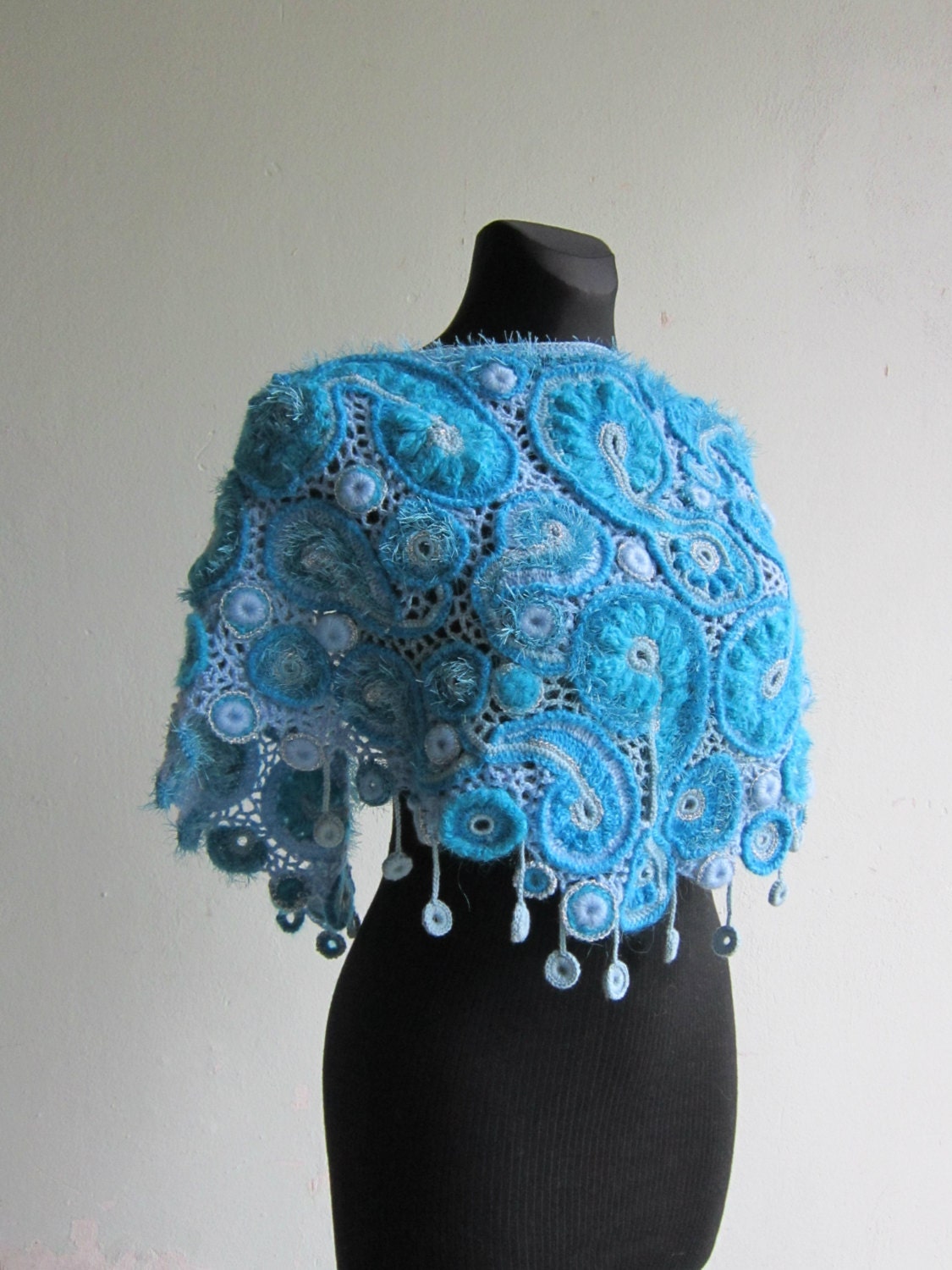 Blue Crochet Shawl Freeform Irish Crochet Shawl Wrap