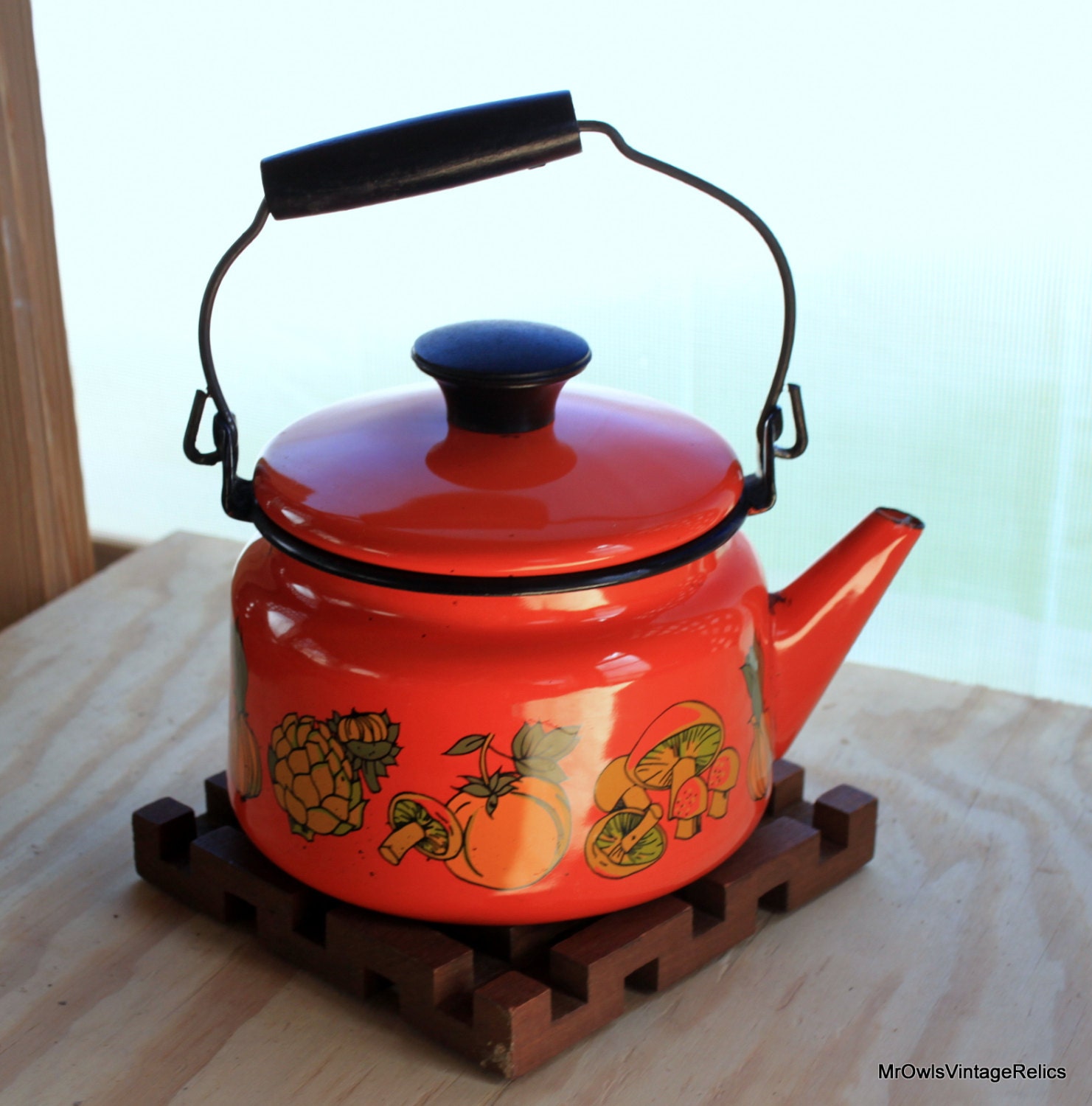 Vintage Orange Enamelware Tea Pot Kettle w/ Mushrooms
