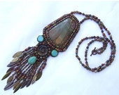 15% OFF Colorful Beaded Necklace, Bead Embroidered Necklace, Turquoise Bronze Long Necklace, Beaded Jewel, Gift for Her OOAK