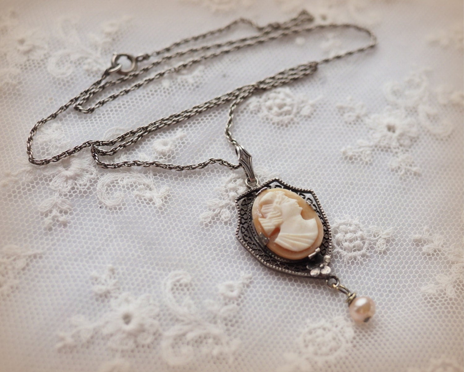 Antique Sterling Silver Cameo Pendant Necklace – Hand Carved Shell ...