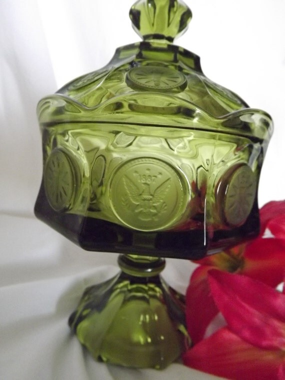 Vintage Fostoria Coin Glass Olive Green Candy Dish Eagle 2346