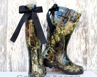 Yellow Custom Rain Boots with Gray Bow by GoslingBoots on Etsy
