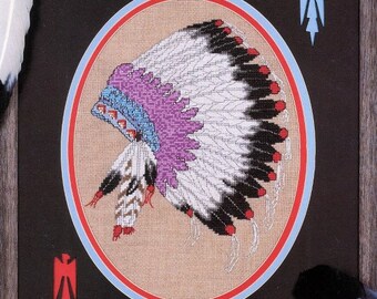 Cross Stitch Indian Headdress Pattern With Accent Beading - Detailed 