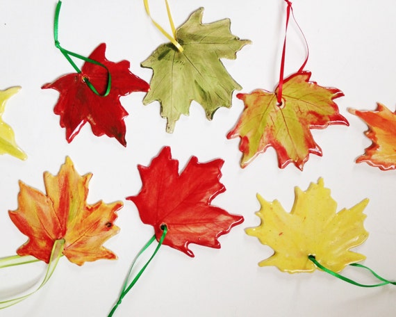 Items similar to Ceramic Maple Leaf Ornament, Autumn Colors ...