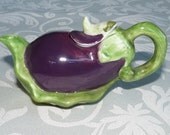 Miniature Tea Pot, Teapot, Aubergine, Egg Plant, Novelty, Purple, Green, Majolica type glaze, ceramic, epsteam, UK, etsyEUR, TEMPT Team