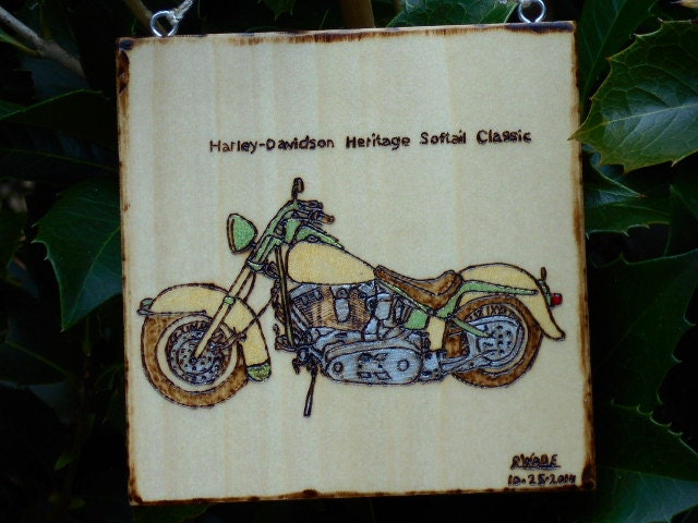 Harley-Davidson Heritage Softail Classic Motorcycle Woodburned Wood Ornament