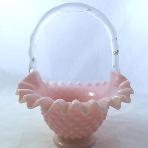 Pink Fenton Hobnail Milk Glass Ruffled Basket by TexasGalTreasures