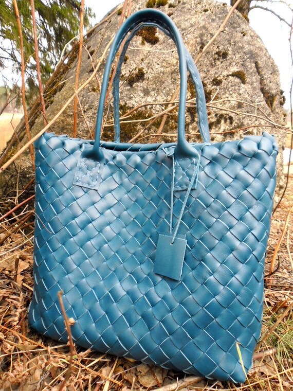 woven leather tote handbag