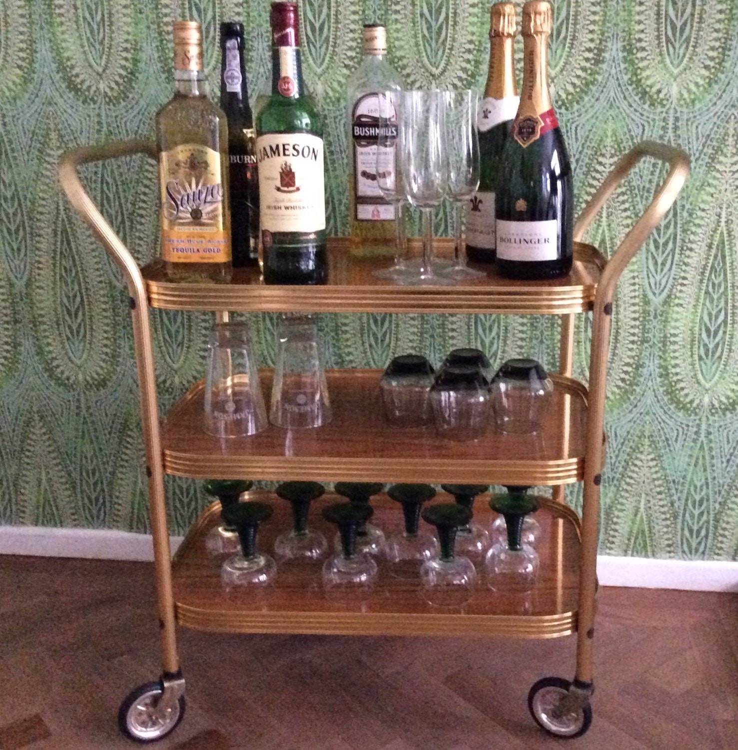 Bar Cart Rolling Drinks Trolley Mid Century Modern 2 Handled