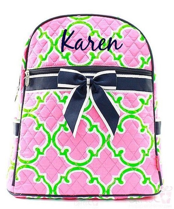 Personalized Backpack Quilted Monogrammed Quatrefoil Navy Blue