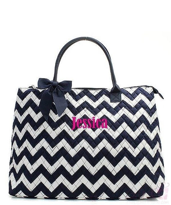 Monogrammed Quilted Tote Bag Personalized Chevron Navy Blue White 21 ...