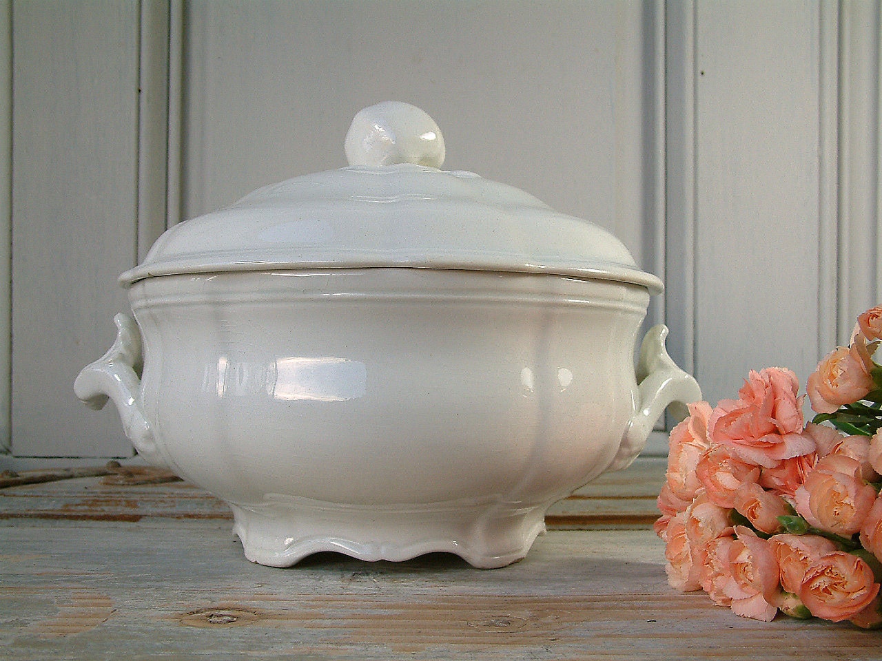 Antique french ironstone white soup tureen with lid. by Chanteduc