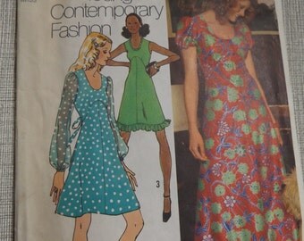 Dress with Empire Seaming and Low Round Neckline in Size 12  All 13 Pieces Vintage 70s Simplicity Sewing Pattern 5015 Mini or Ankle Length