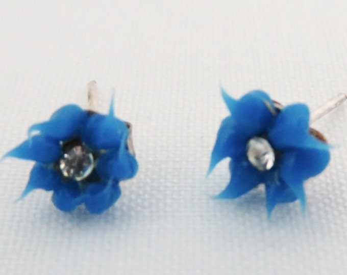 Blue Lucite Flower Pierced Studs, Vintage Sterling Silver Posts, Small Studs