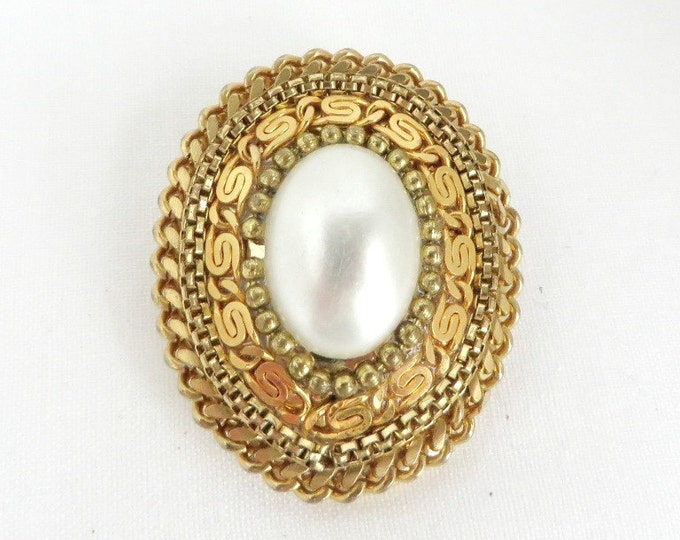 Vintage Faux Pearl Oval Scarf Clip, Braided Gold Tone Clip