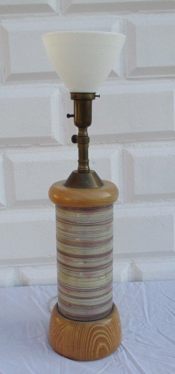 Free Shipping: Vintage Mid Century Modern Retro Art Glass Table Desk Lamp Light Torchiere Wood Brass Steampunk Adjustable Height Neck Pink
