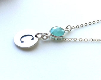 Birthstone Necklace, Custom Hand Stamped, Sterling Inital Charm Necklace, Personalized Necklace,