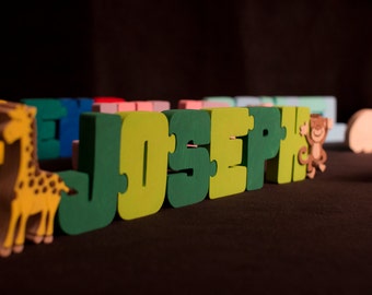 Name Puzzle with 2 animals / characters - Painted - Handmade Wooden Jigsaw Names Unique Personalized Childs gift