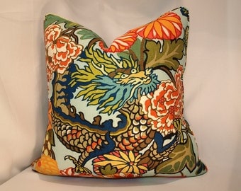 One or Both Sides - ONE High End Schumacher Chiang Mai Dragon Aquamarine Pillow Cover with Self Cording