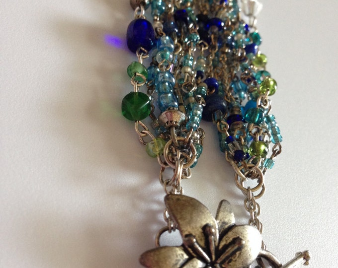 hand beaded blue, green & silver necklace