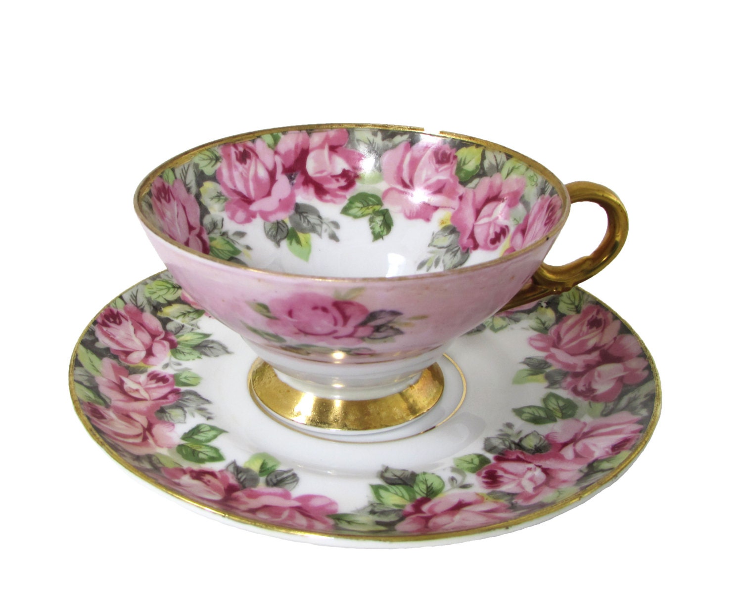 Roses with Pink Band Teacup Set Royal Sealy Japan Footed Cup