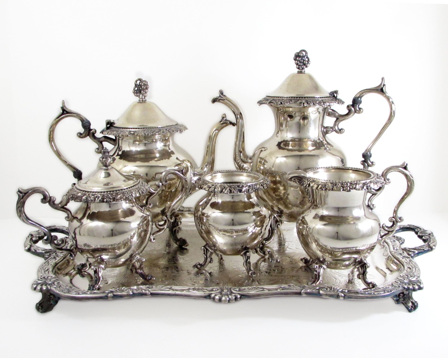 Grape Motif Birmingham Silver Plate Coffee Tea Service Crown