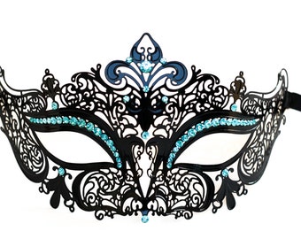 Black laser cut metal masquerade mask with light blue gems fit for masquerade ball parties and wedding parties