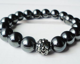 Hematite Bead Bracelet With Hematite Pave Bead//Hematite Bracelet