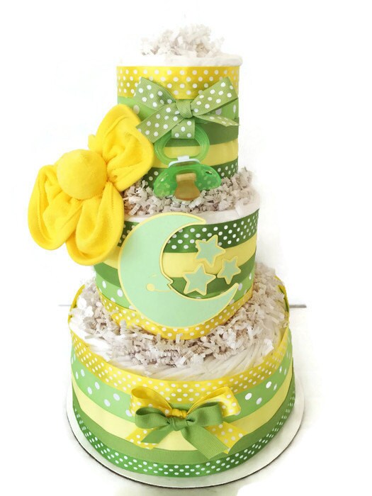 Moon and Stars Diaper Cake in Mint and Yellow by AllDiaperCakes