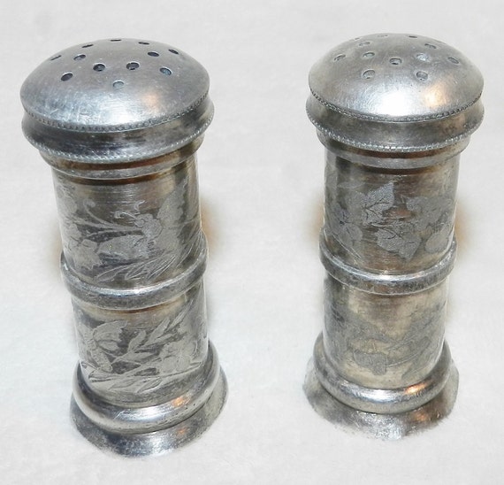 Vintage Etched Pewter Salt and Pepper Shakers