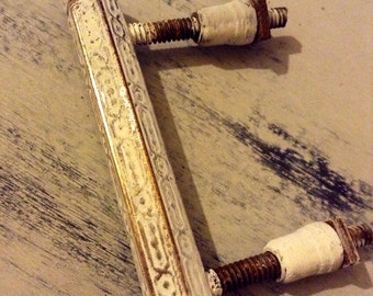 Antique Reclaimed Etched Brass Drawer Pull, Old White Door Handle, Hardware, Hand Painted, Shabby Chic