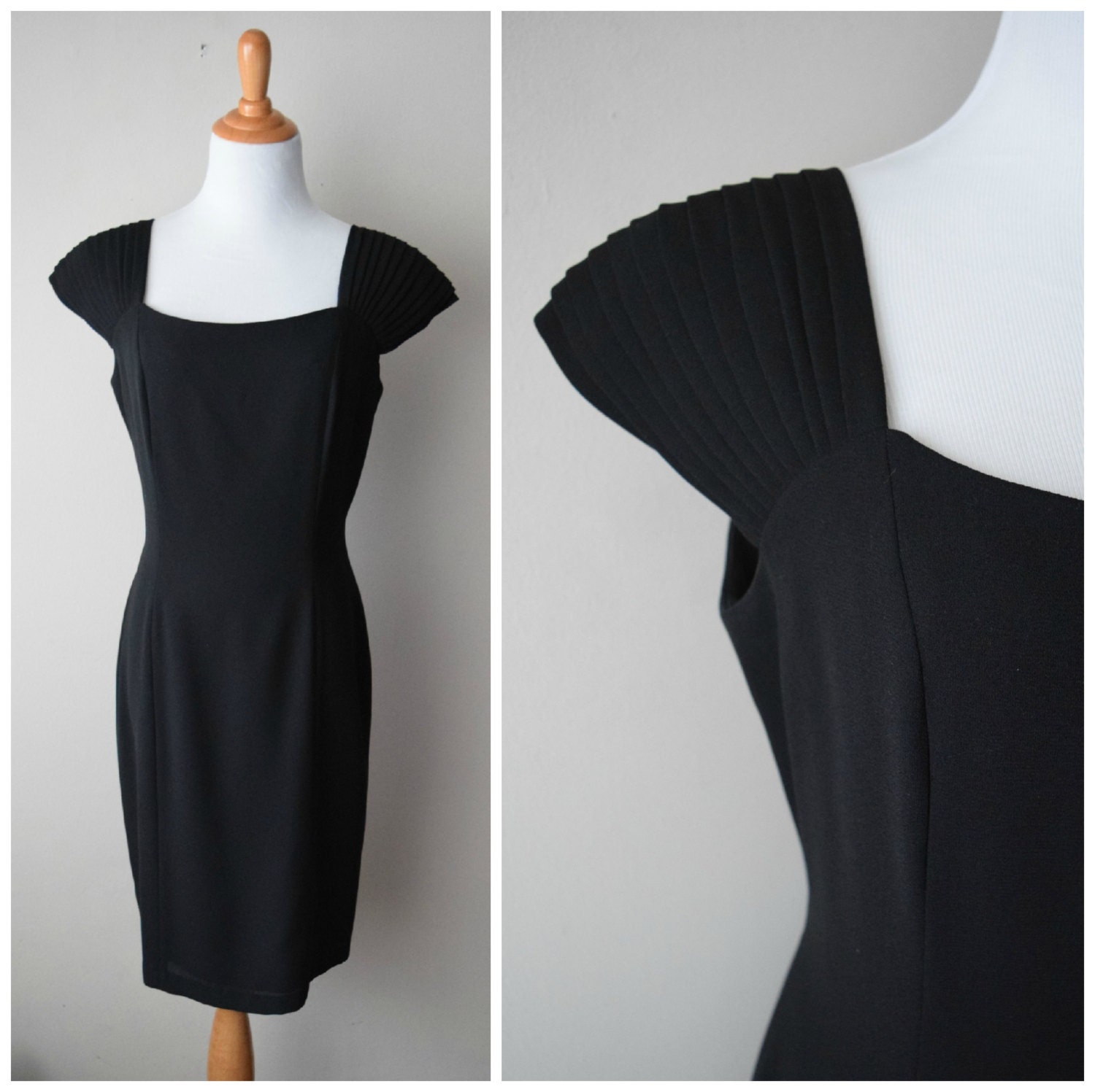 90s Little Black Dress Wiggle Cocktail Dress // Square Neck