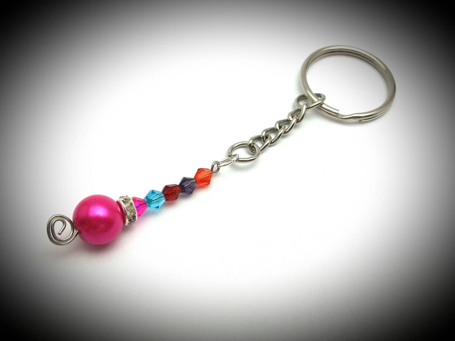 Hot Pink Pearl Rhinestone Bead Wire Wrapped Keychain Pearl