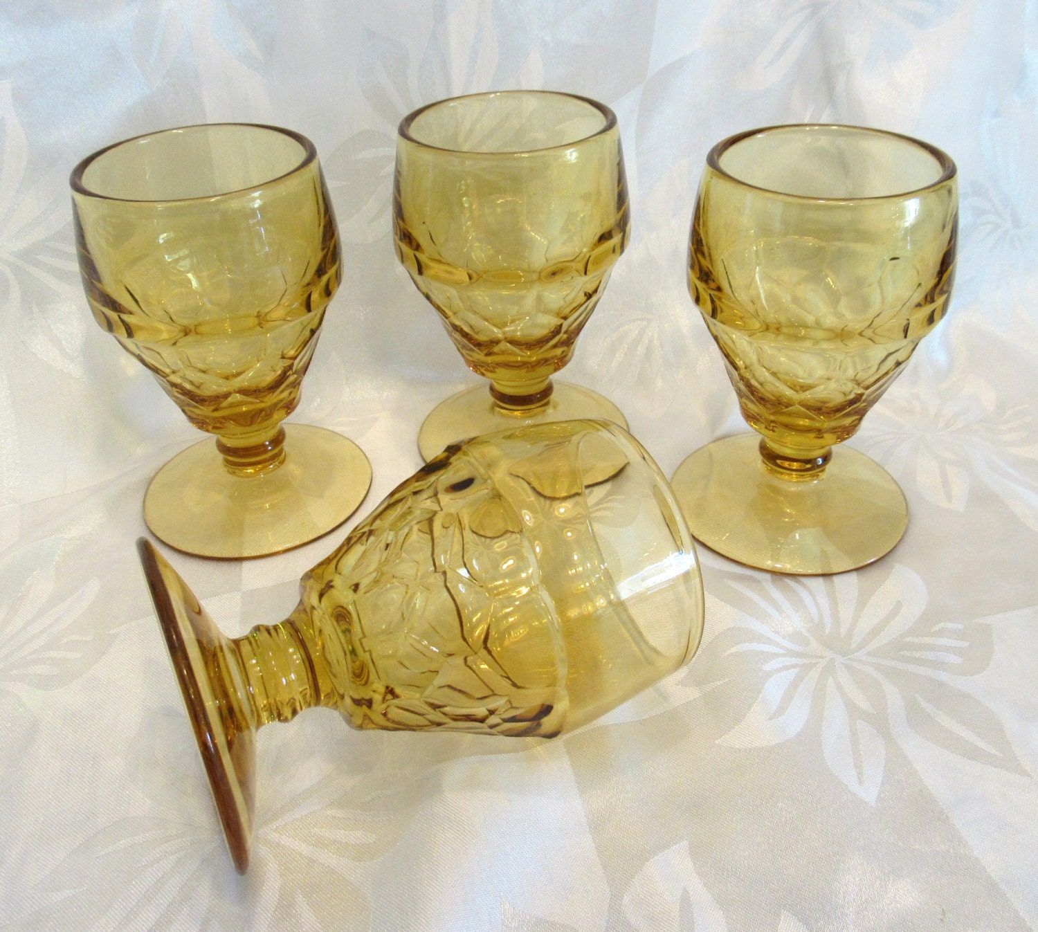 4 Vintage Amber Glass Iced Tea Stemmed Glasses