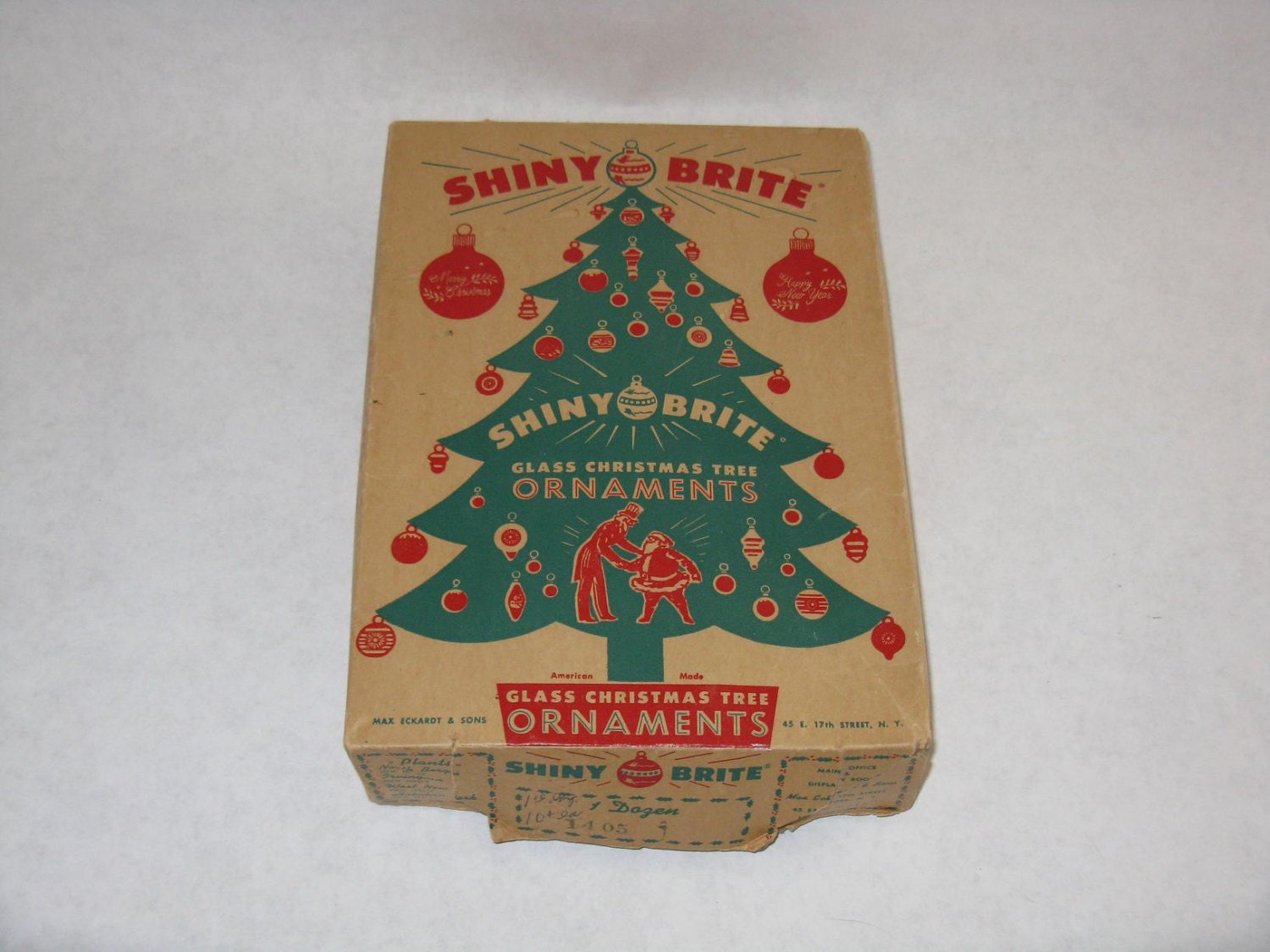 Vintage Shiny Brite cardboard ornament box with assorted