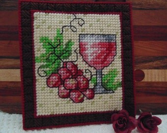 Bordeaux Style Wall Art, Needlepoint Art, Wine and Grapes Decor, French Country Needle Art Tapestry Decor
