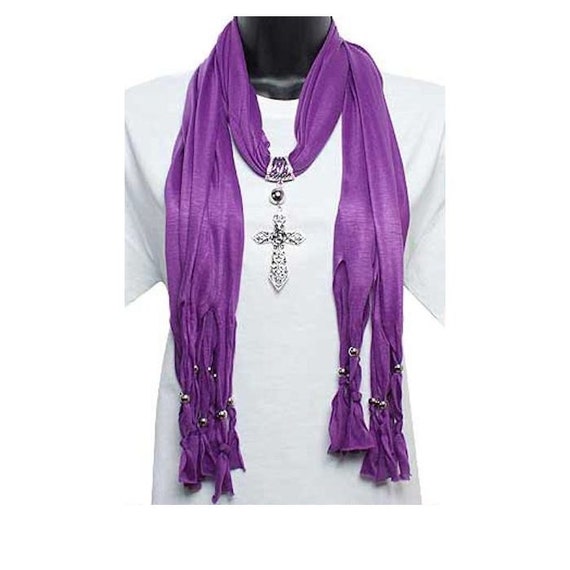 Purple Cross scarf Silver Scarf Charm charm Jeweled on  cross Pendant